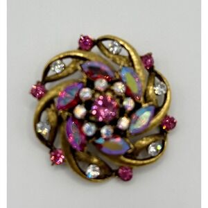 Vintage WEISS Rhinestone‎ Brooch Pin Gold Tone Pink Aurora Borealis Floral